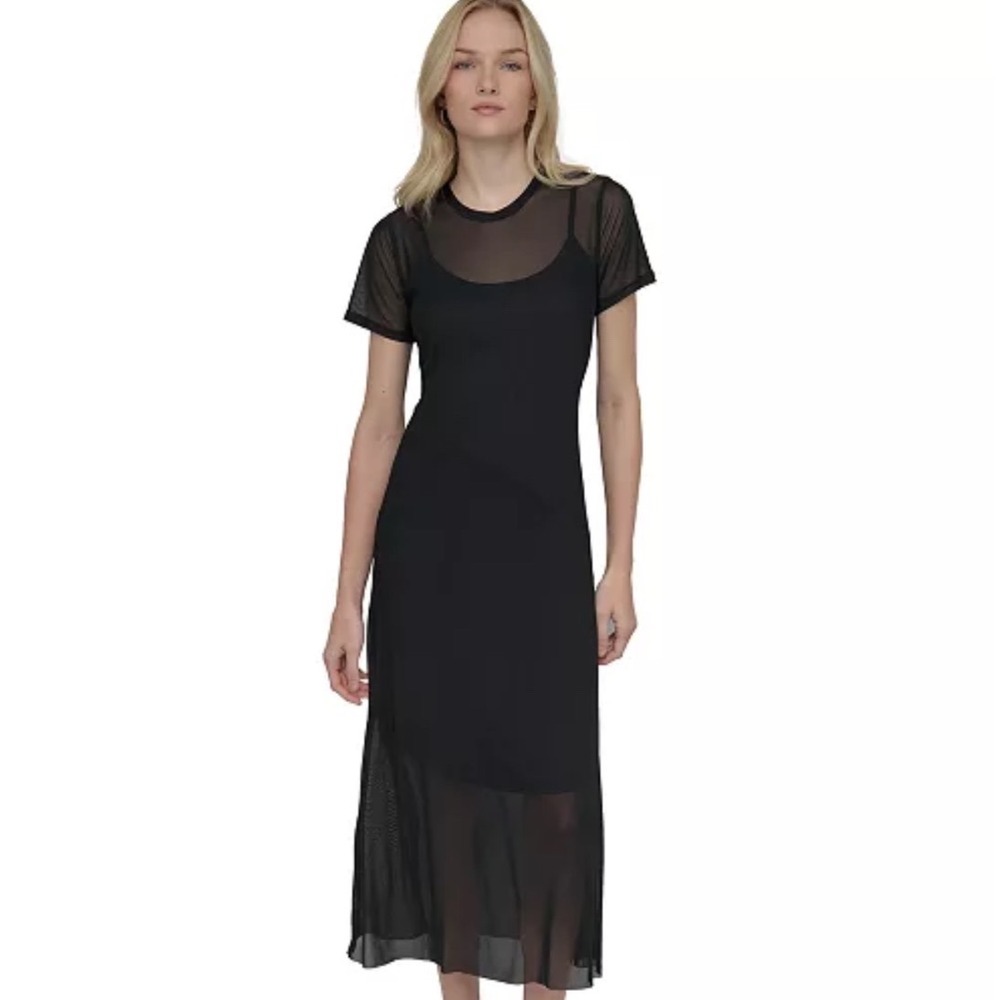 DKNY Mesh Overlay Midi Dress Women Size 12 New Black Short Sleeve Sheer Layer